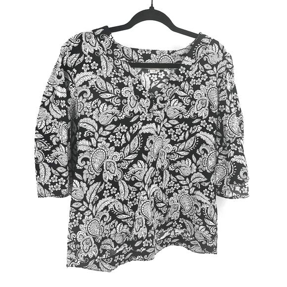 LOFT Top Women's L Black White Paisley 3/4 Sleeve V-Neck Boho Artsy Casual Chic - Picture 1 of 8